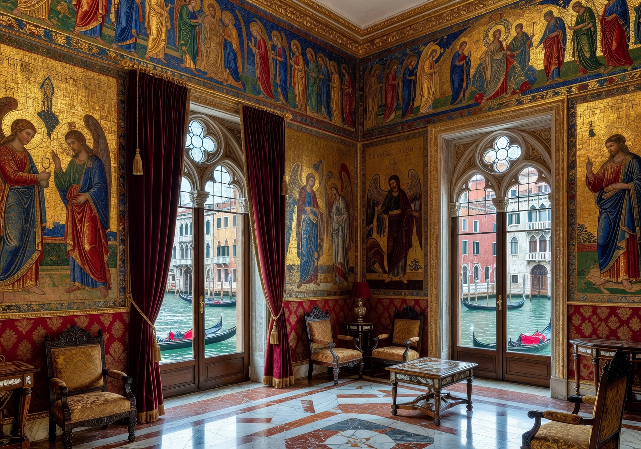 Aman Venice grand canal palazzo room with arched windows and Byzantine artwork