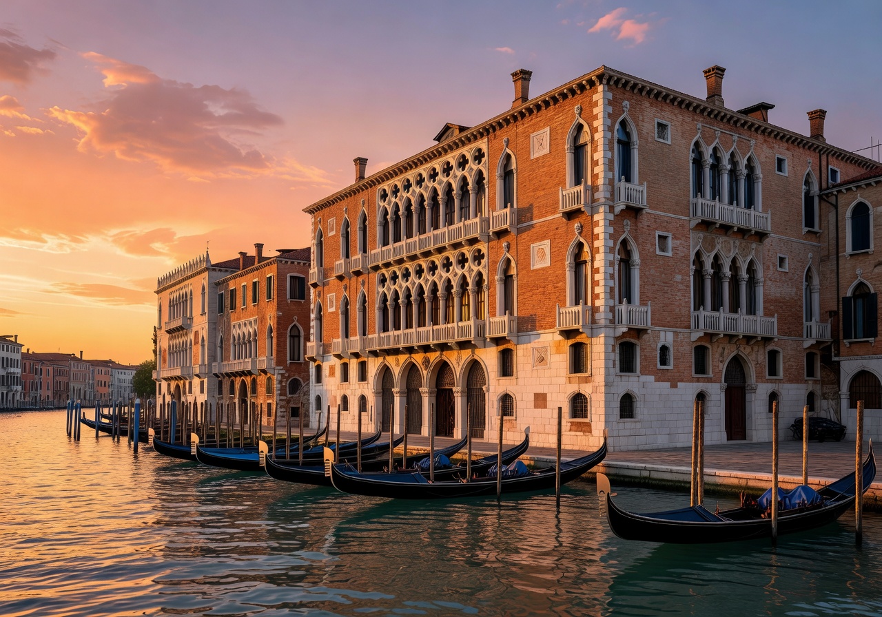 Aman Venice historic palace hotel facade on the Grand Canal at sunset