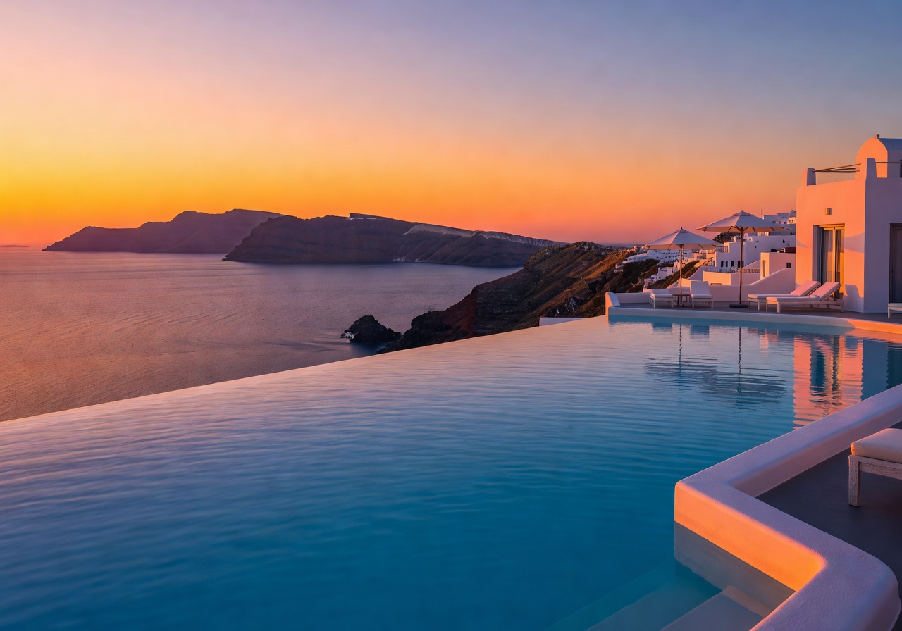 Canaves Oia Suites Santorini infinity pool overlooking the caldera and Aegean sunset