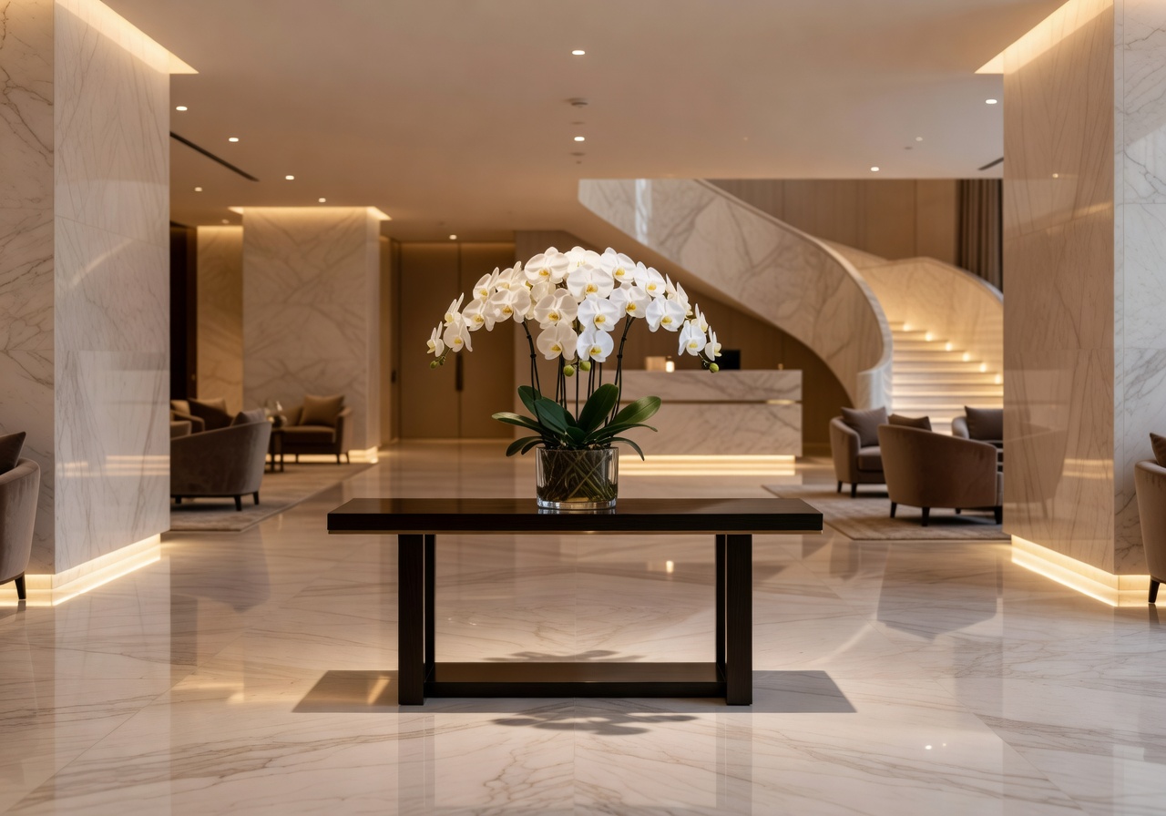 Elegant hotel lobby with marble floors, fresh white orchids and soft amber lighting representing Sprintbasebzz curation standards