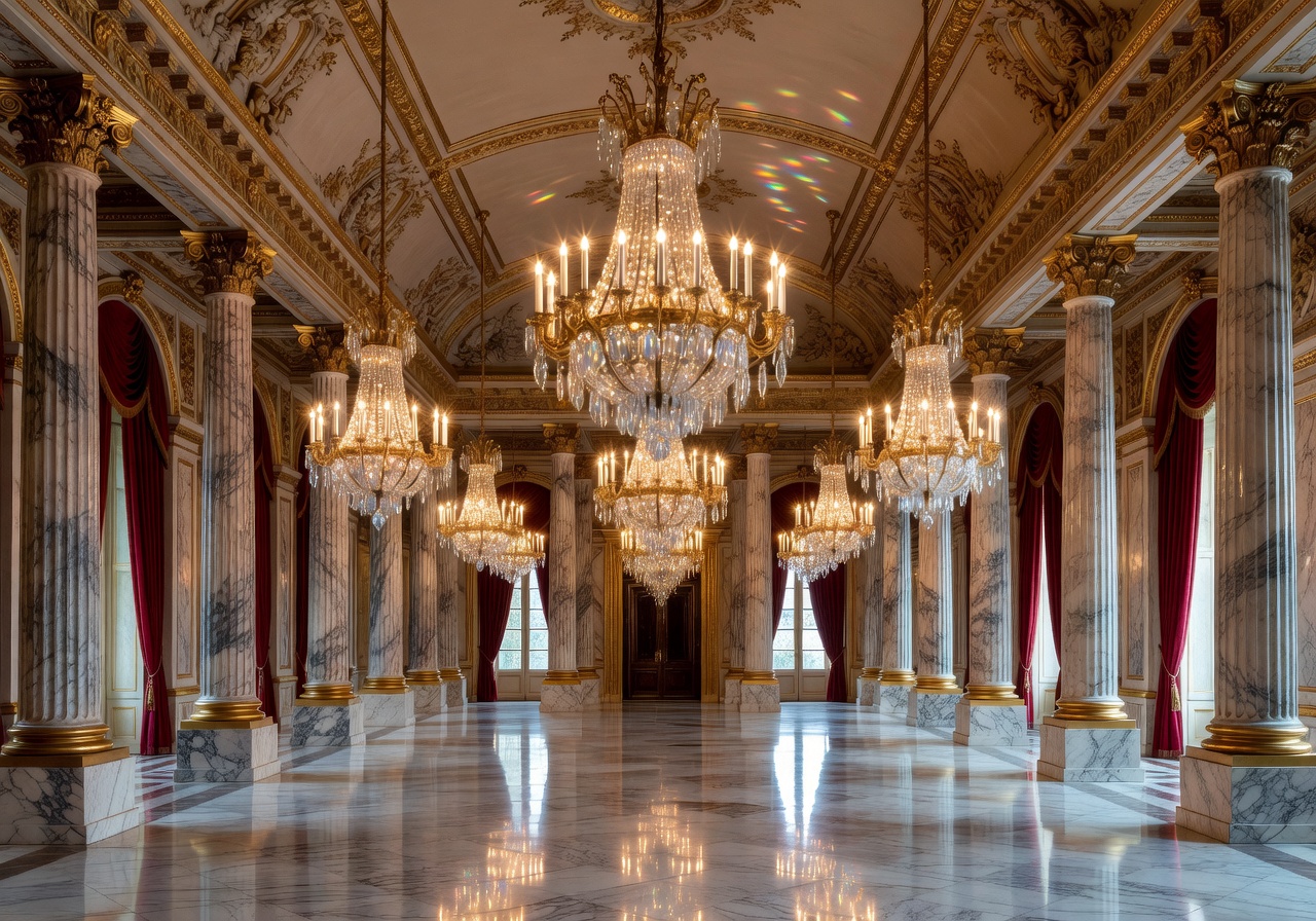 Hotel de Crillon Paris grand ballroom with ornate golden chandeliers and marble columns