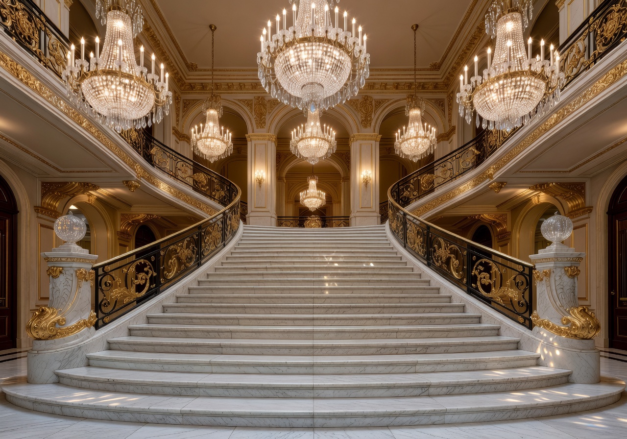 Hotel de Crillon Paris grand staircase with gold leaf and crystal chandeliers