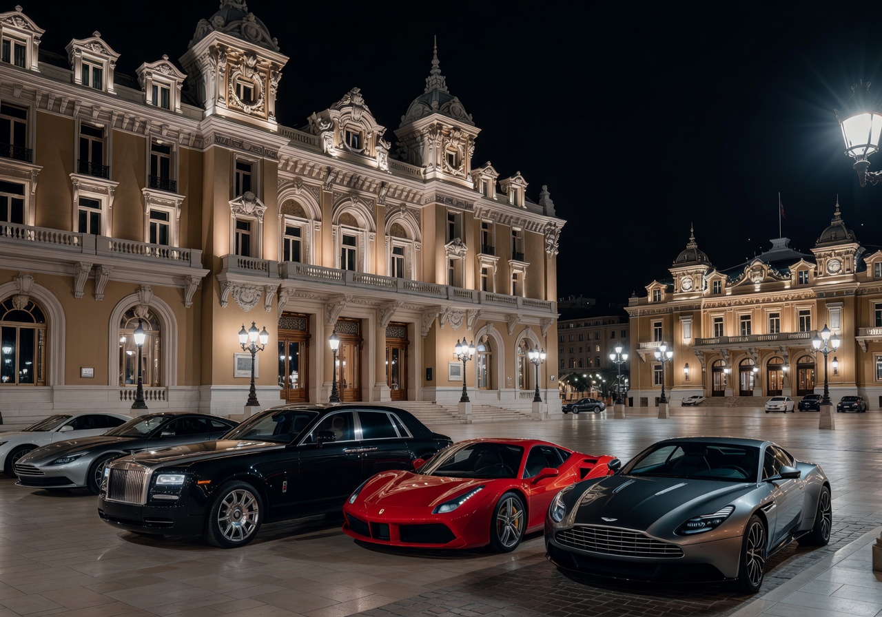 Hotel de Paris Monte-Carlo exterior with Monaco casino square and luxury cars at night