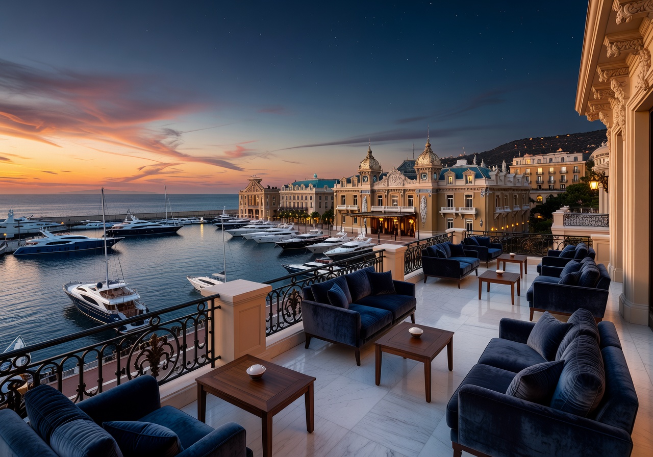 Hotel de Paris Monte-Carlo panoramic suite terrace overlooking Monaco harbour and Casino Square at dusk