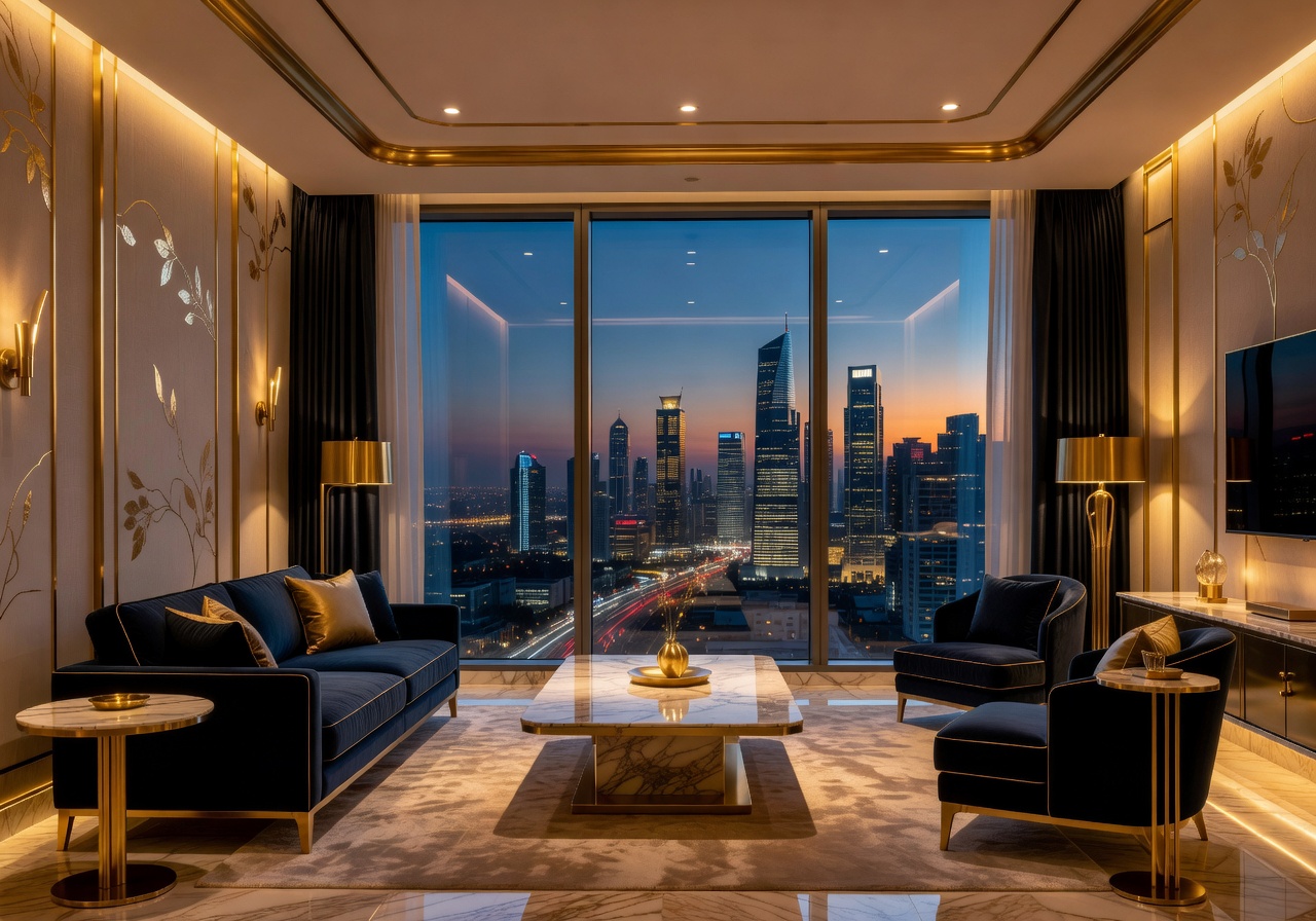 Luxury hotel suite interior with gold accents and panoramic city view representing Sprintbasebzz curation philosophy