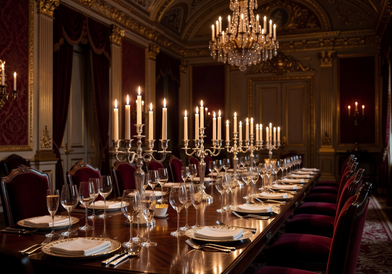 Michelin-starred private dining table set in an ornate hotel dining room with candlelight and fine crystal glassware