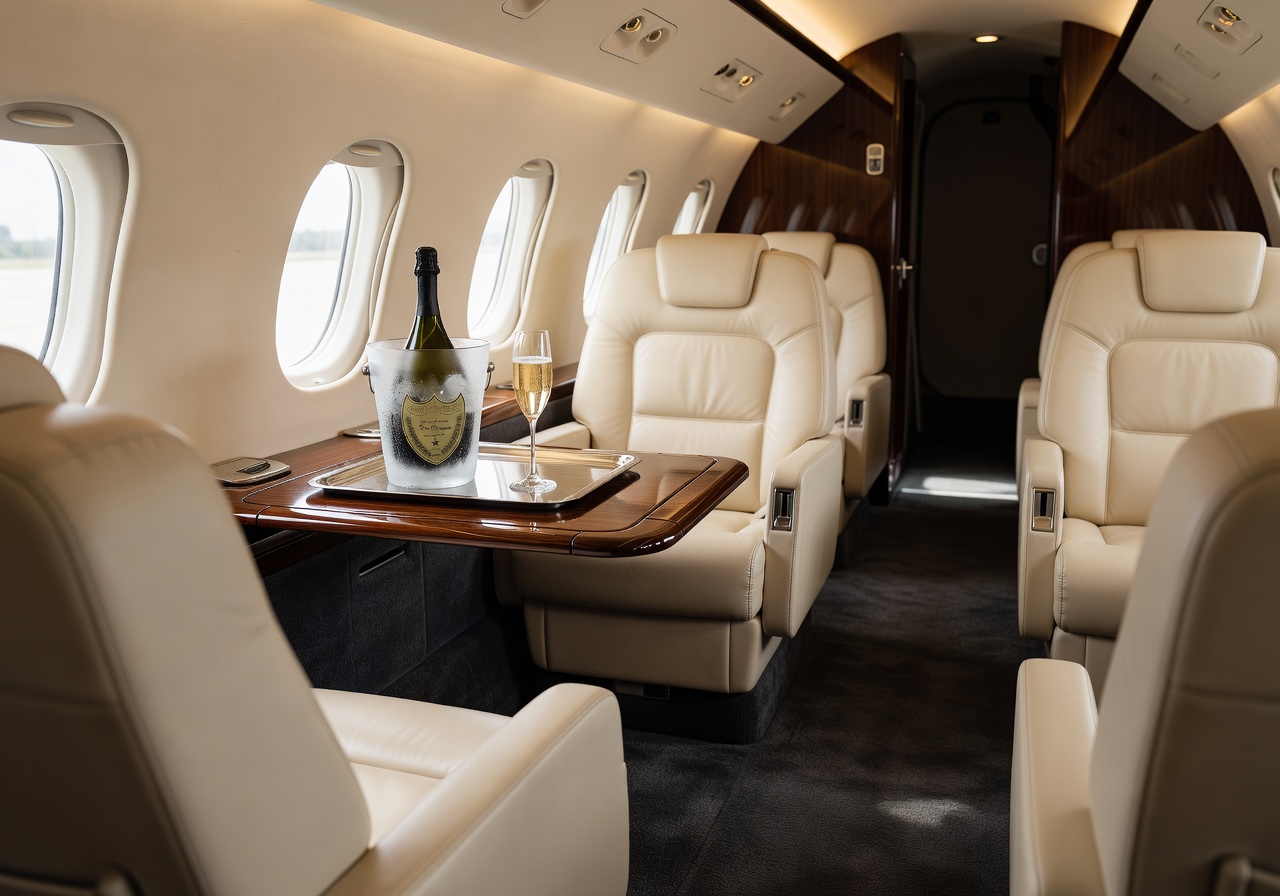 Private luxury jet interior with leather seats and champagne tray ready for elite traveler boarding