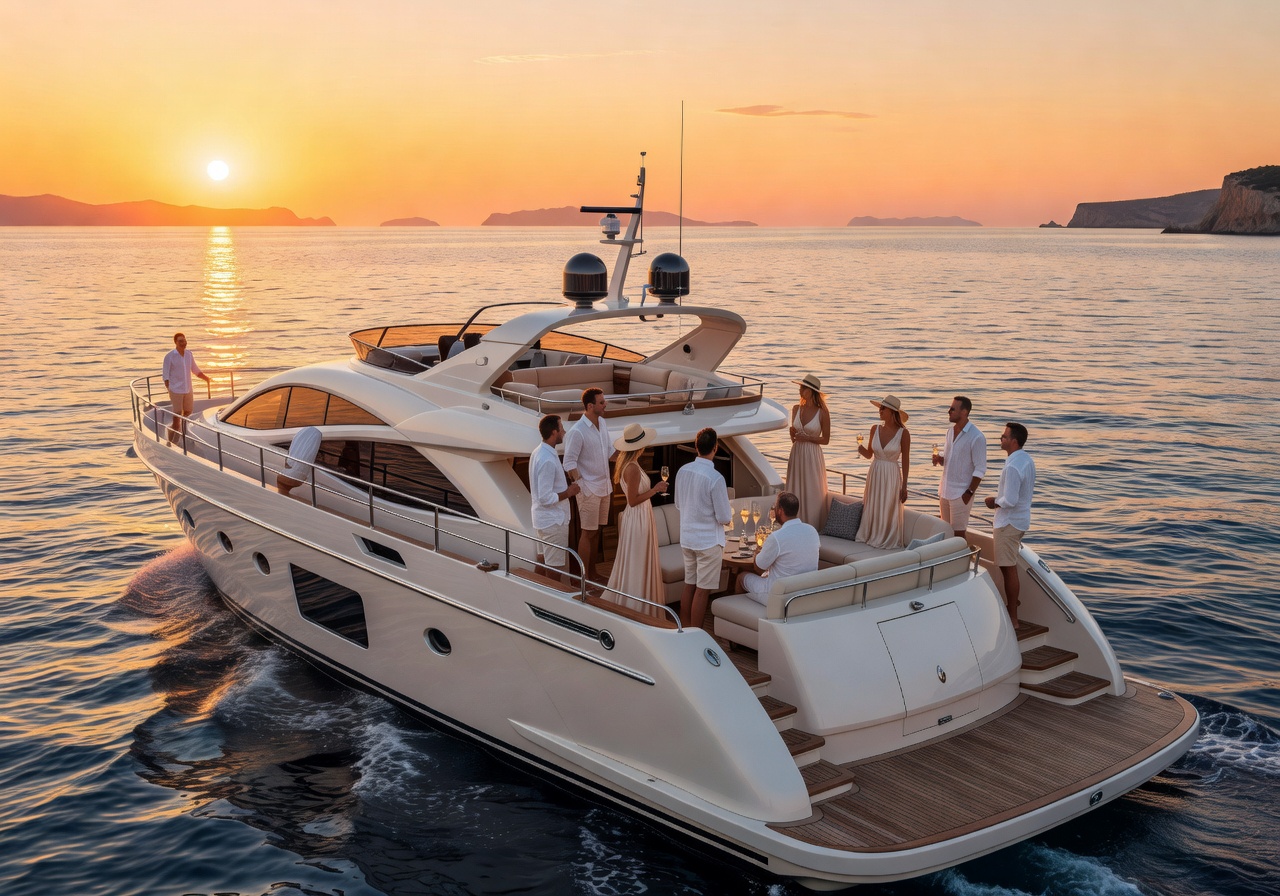 Private luxury superyacht sailing Mediterranean waters with guests on deck at golden sunset hour