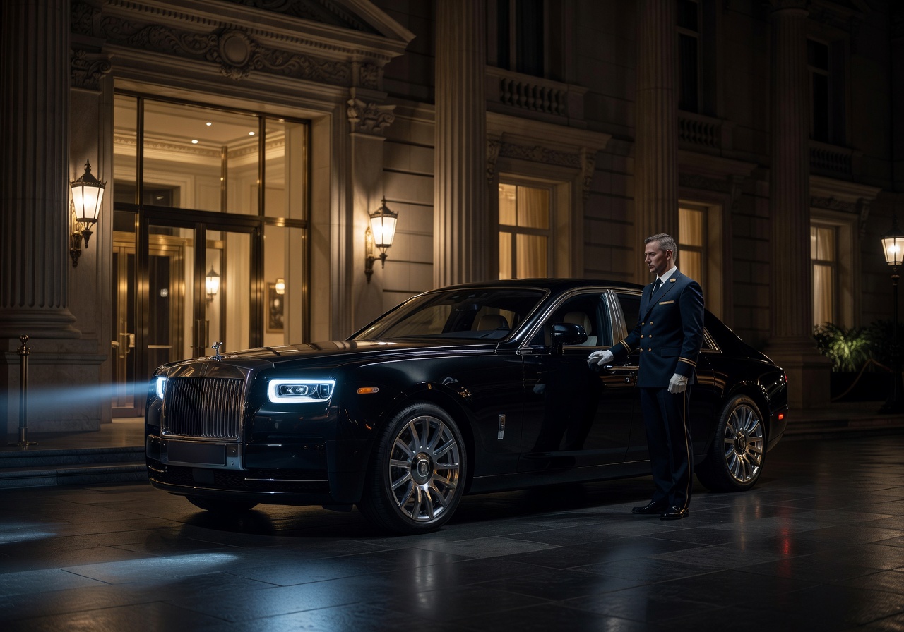Rolls-Royce Phantom parked at luxury hotel entrance at night with white-gloved doorman waiting