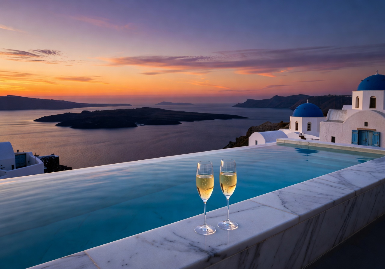 Santorini infinity pool overlooking Aegean caldera at dusk with champagne glasses on pool edge