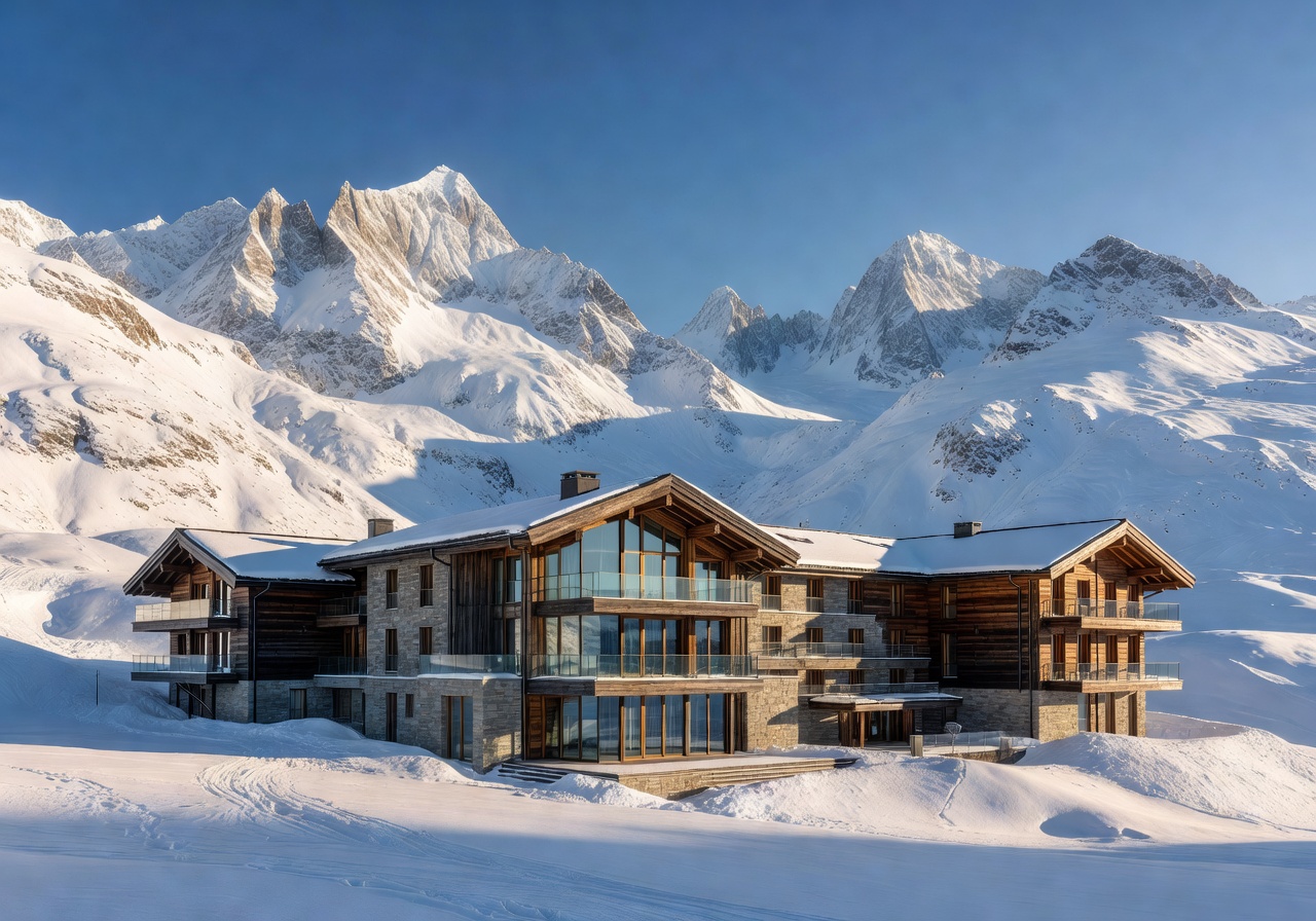 The Chedi Andermatt luxury alpine hotel surrounded by Swiss mountain peaks and snow