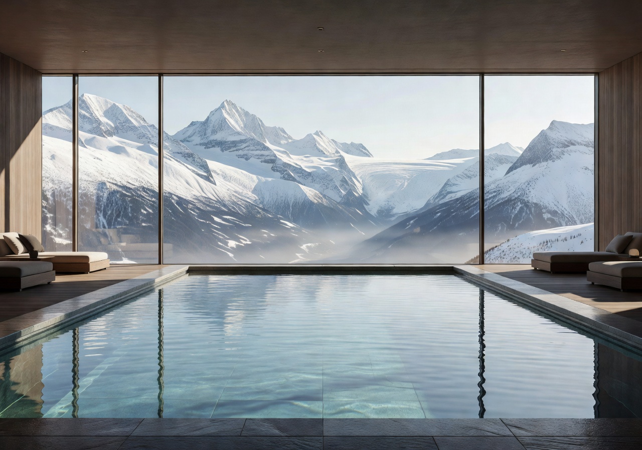 The Chedi Andermatt luxury alpine spa pool with panoramic Swiss mountain views through floor-to-ceiling windows
