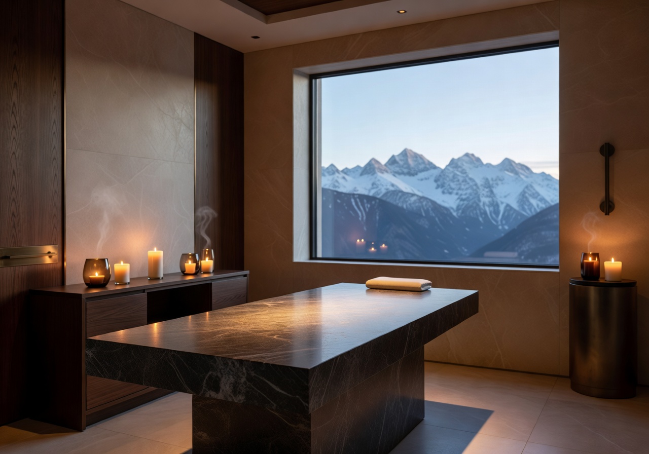 Ultra-luxury spa treatment room with heated stone table, aromatic candles and mountain view through panoramic window